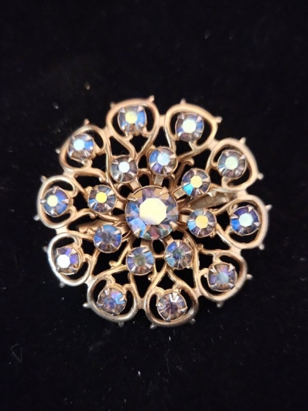 Vintage 1950s Gold-Tone Floral Aurora Borealis Crystal Brooch - Women's Jewelry
